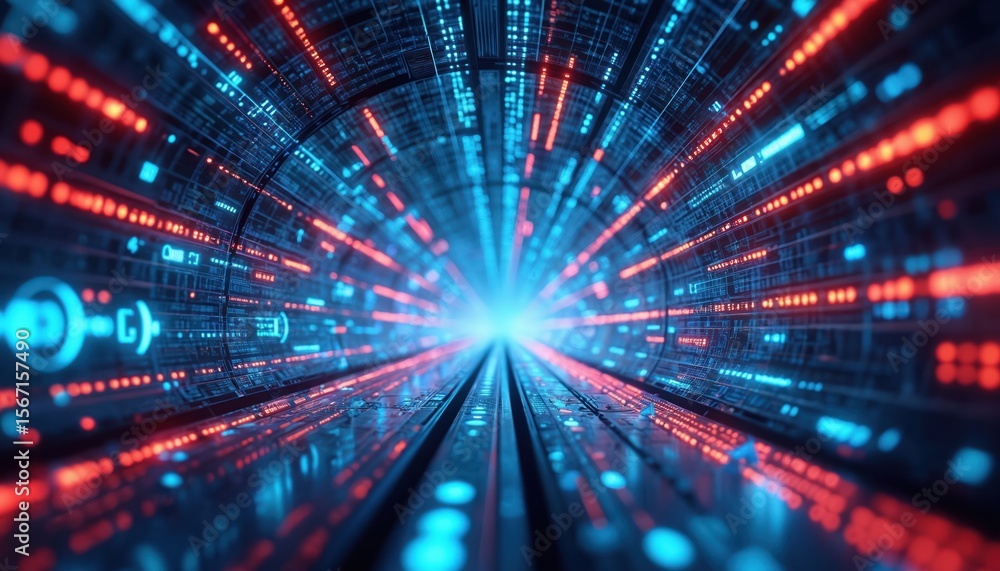 Poster futuristic tech tunnel with data streams. red, blue light signals, digital network, representing inf