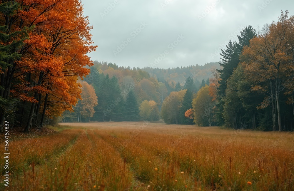 Poster scenic autumn field with path leading to distant tree covered hills. misty forest with trees in fall