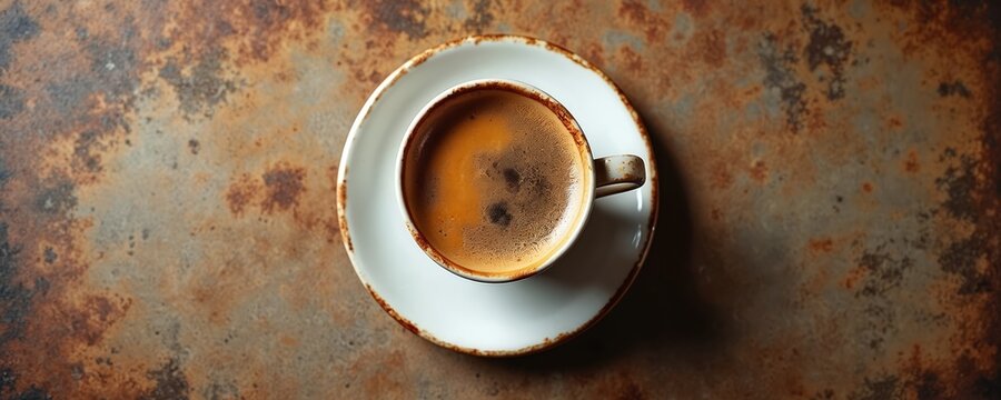 Overhead shot of coffee cup, saucer on old rusty surface. Espresso with foam in ceramic tableware on brown rust texture background. Coffee break concept.