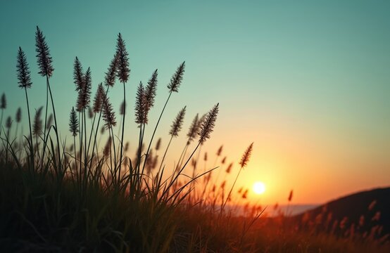 Sunset over field tall grass with flowers. Silhouette of plants against sky in warm tones. Evening time on the hill. Nature background for design, wallpaper, cards.