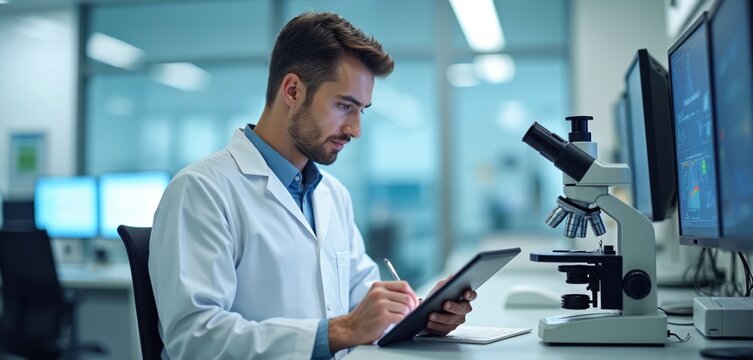 Scientist works at laboratory using tablet with microscope. Man in lab coat reviews medical notes during research. Pharma job, vaccine development, clinical trial.