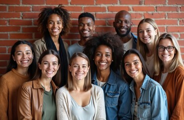 Obraz premium Diverse group people standing, smiling, looking at camera against red brick wall. Multiethnic team of friends showing unity. Positive emotion, community. Suitable for business, social media content.