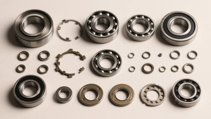 Obraz premium Various disassembled ball bearings and washers arranged neatly on a light surface, showcasing mechanical components and engineering precision with a focus on detailed structure and texture .