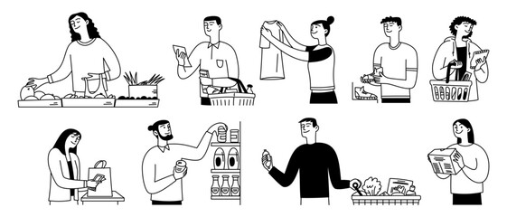 Doodle set of people shoppers in supermarkets, department stores. Men and women choosing product to buy. Vector isolated illustration