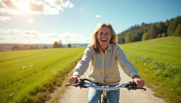 Joyful middle-aged woman cycles along scenic countryside path. Happy blond woman enjoys healthy lifestyle, biking, smiling, laughing on sunny summer day. Active adult celebrates life freedom in