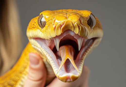 Close up portrait of a snake. Yellow python withared teeth, showcasing its mouth detailed wide scales open