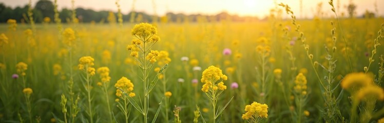 Obraz premium Yellow wildflowers in field, green grass, with bokeh background. Summer time, Ohio landscape, scenic view. Hemp dogbane blooming in full sun. Nature background, floral, meadow, bright day.