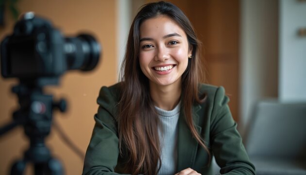 Young woman smiling looks straight into camera in studio setting. Attractive female blogger vlogger filming video, webinar, online course. Confident, friendly face expression creating content for