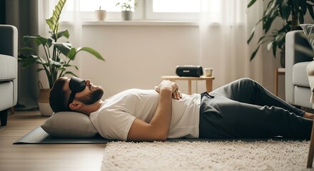 Man relaxes on floor, eyes covered, enjoying peaceful home meditation.