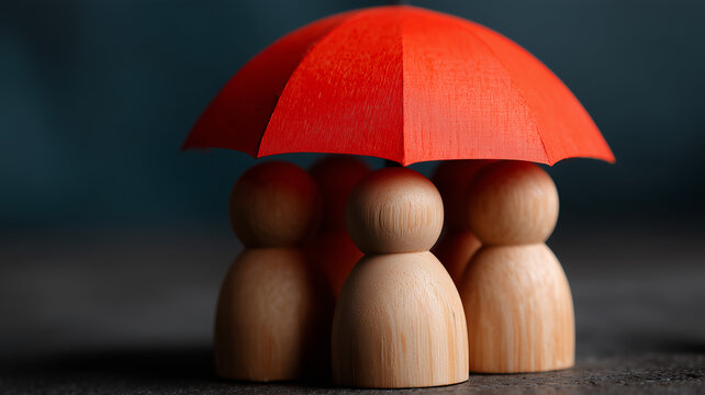 A comprehensive risk management metaphor featuring wooden figurines safely clustered beneath a vivid red umbrella conveying insurance protection collective security