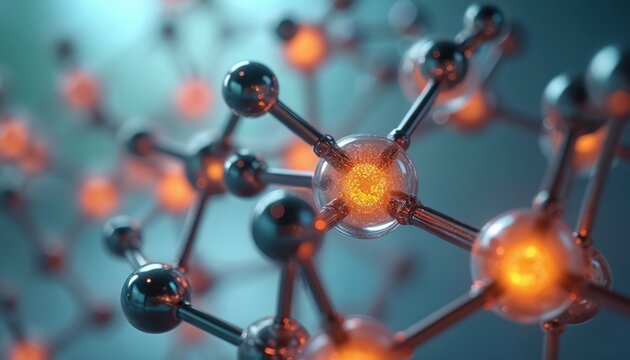 Macro shot of an ethanol molecule. Atoms interconnected by neon glowing covalent bonds. Illustration displays scientific concept of molecular structure. Ideal for chemistry education tech.