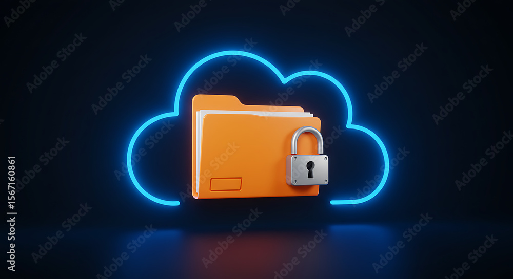 Poster cloud data security: depicts a secure digital storage concept, with a glowing blue cloud encompassin