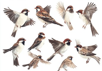house sparrow bird collection, portrait, flying and standing, isolated on a white background
