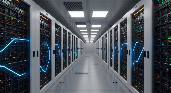 Data Center corridor: Explore the technological heart of modern data storage, with rows of servers, a clean and futuristic aesthetic. showcasing the advanced network and data management.