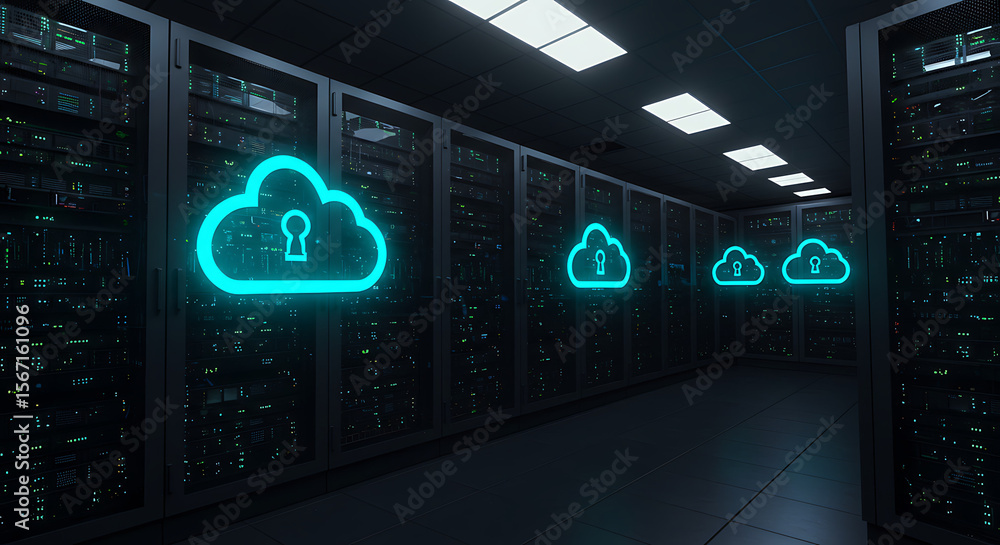 Poster cloud data security in server room: futuristic data center, showcasing digital cloud icons, represen