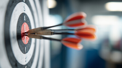 A pinpoint accuracy and corporate goal achievement visual with a red dart perfectly embedded in a bullseye target while blurred executives observe the successful result symbolising focus teamwork 