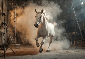 Magical unicorn running in studio fantasy creature artistic photography dynamic scene
