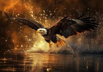 Majestic Bald Eagle Soaring Over Water with Splashing Wings - Wildlife Photography.