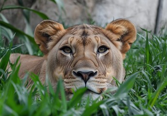 Majestic lion resting in grass staring at camera