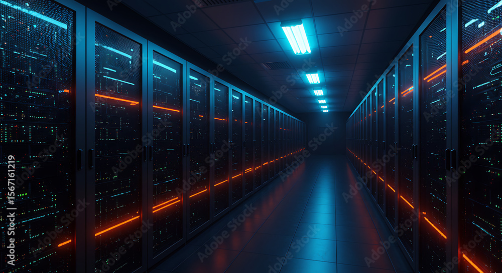 Poster digital fortress: an awe-inspiring perspective within a high-tech data center, showcasing rows of se