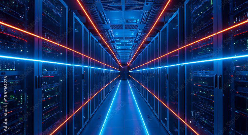 Poster digital pathway: a mesmerizing view of a data center hallway, bathed in vibrant, neon-like light, ac