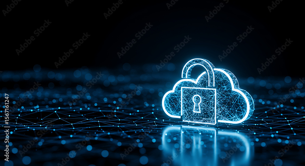 Poster cloud security symbol: a digitally rendered visual featuring a glowing cloud, overlaid with a padloc