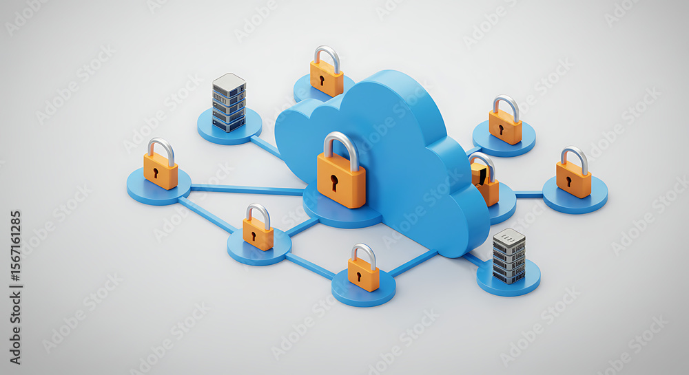 Poster cloud security: a 3d rendering depicts a secure cloud infrastructure, with data servers connected by