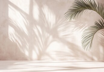 Minimal product placement background with palm shadow on beige plaster wall. Luxury summer architecture interior aesthetic. Boho home room for product platform stage mockup.