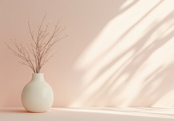 Minimalist interior decor with ceramic vase and dry plant, minimal shadows on the wall neutral pink 3d rendering aesthetic background