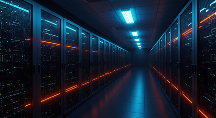 Fototapeta premium Digital Fortress: An awe-inspiring perspective within a high-tech data center, showcasing rows of servers illuminated by an intricate network of vibrant blue and orange lights, symbolizing data flow.