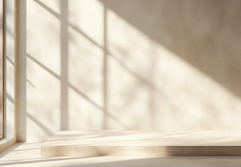 Minimalistic a light beige background for product presentation with light and intricate shadow from the window and wall.