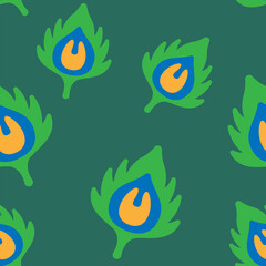 Fototapeta premium Elegant peacock feather seamless pattern in green, blue, and gold, perfect for textile design, surface patterns, or eye-catching backgrounds.
