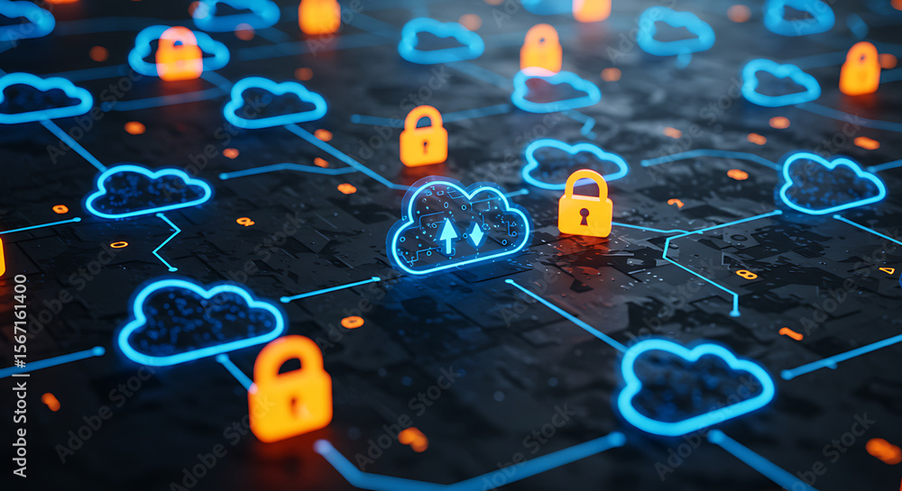 Poster cloud network security: a futuristic, digitally rendered image depicts a cloud network with intercon