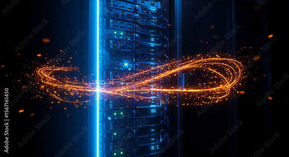 Poster data infinitum: abstract depiction of data flow within a server room, illuminated by dynamic light t