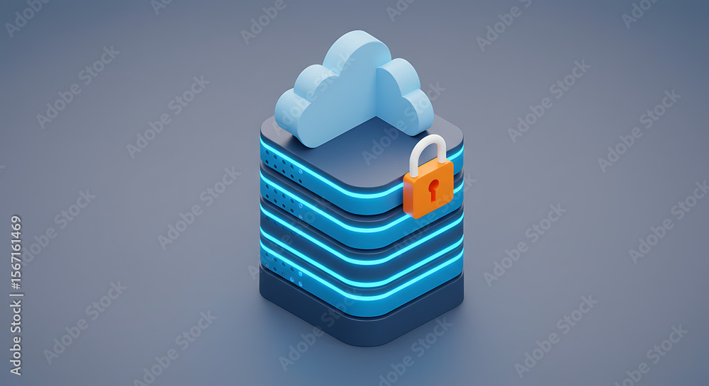 Poster cloud data protection: a digital representation of data security, featuring a lock securing a cloud 