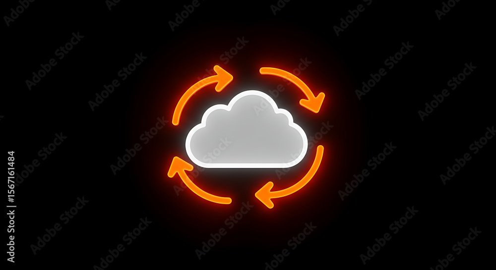 Poster cloud data cycle: a conceptual image features a stylized cloud encircled by four orange arrows, indi