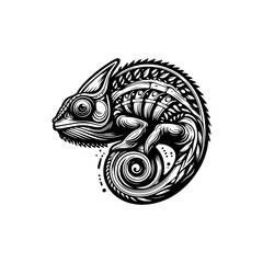 Intricate black and white illustration of a chameleon, coiled in an artistic, stylized design.