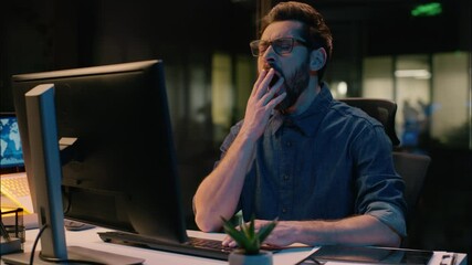 Caucasian man business businessman overwork sleepy guy male workaholic in night evening office overtime work computer tired exhausted yawning low energy late time insomnia sleep yawn health burnout - Powered by Adobe