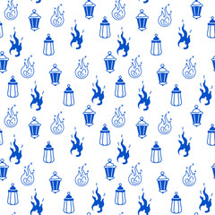 Charming repeating pattern with vintage lantern and stylized flame elements provides a classic, versatile graphic resource.