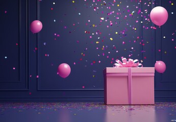 party birthday celebration concept,giftbox,balloon,confetti and streamers background copy space for text
