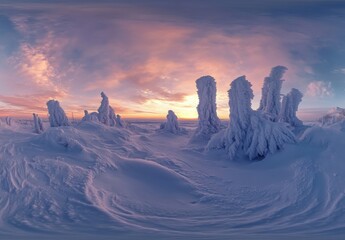 Photo of a snowy panoramic landscape at sunset, frozen trees in Saariselka, Lapland, Finland, winter snow scene web banner