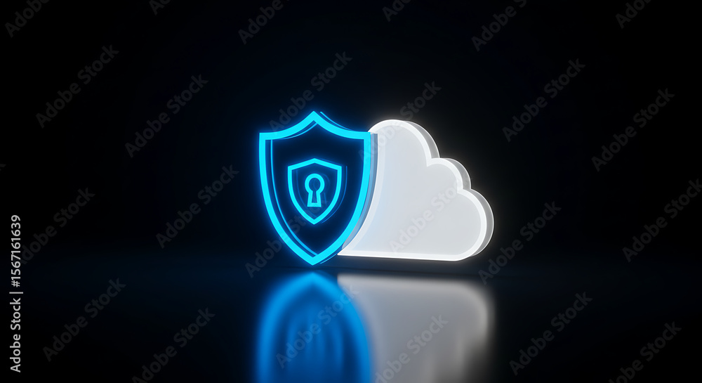 Poster digital cloud security: a glowing depiction of a digital shield intertwined with a cloud, symbolizin