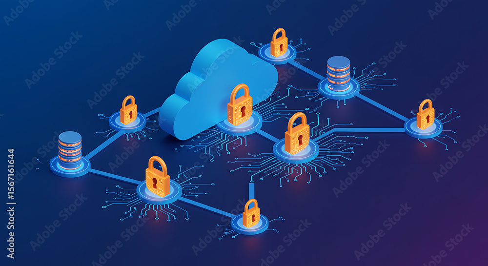 Poster secured digital fortress: an abstract digital illustration features a network of data servers and a 