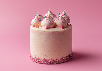 Pink birthday cake on pink background with copy space area
