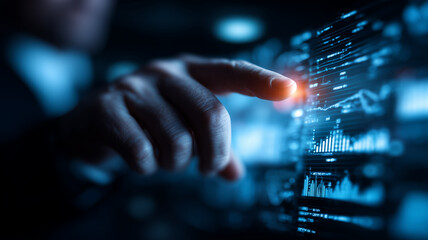 A sophisticated financial analytics interface where an executive finger selects critical data on a futuristic dashboard.
