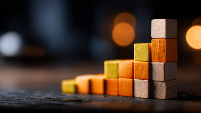 A dynamic business growth concept illustrated by ascending wooden blocks forming a bar chart under warm bokeh lights emphasizing progress and success.
