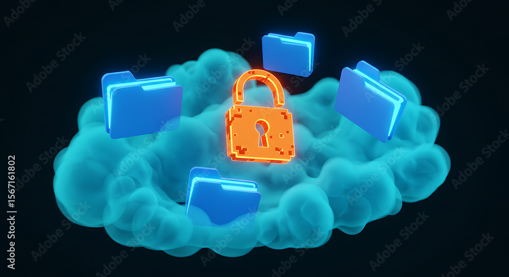 Poster cloud data security: secure cloud storage concept featuring folders and a padlock, symbolizing data 