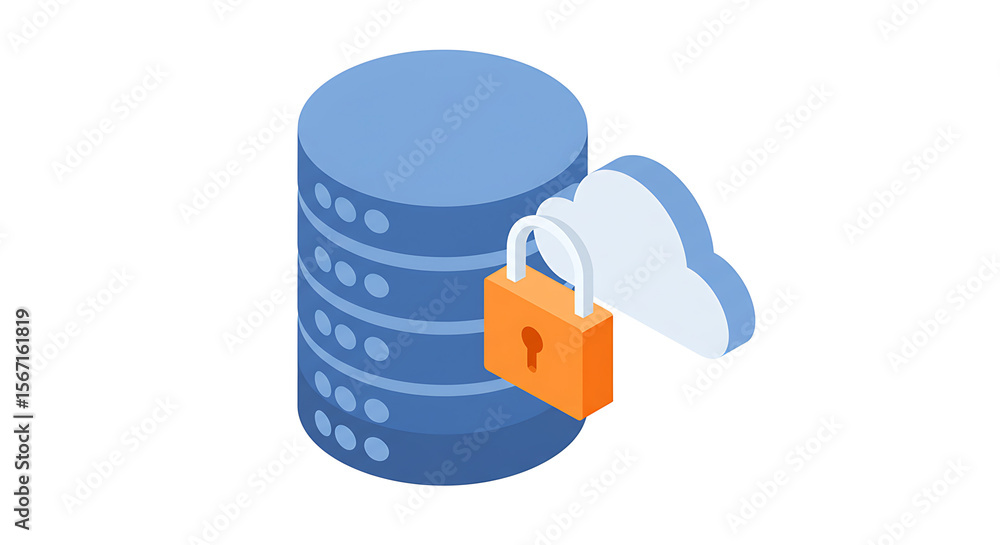 Poster secure cloud data storage: a visual metaphor for secure digital storage, featuring a server, cloud, 