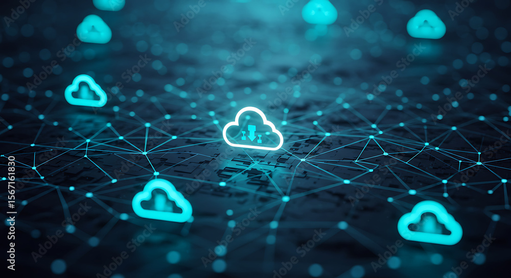 Poster cloud network: a digital web of interconnected cloud icons, illuminating a vibrant display of techno