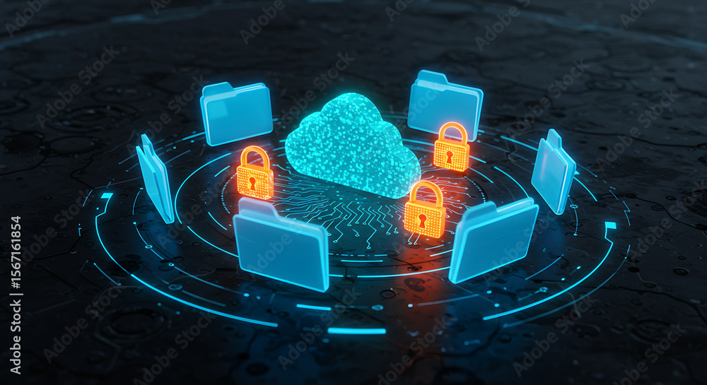 Poster secured data storage: a conceptual depiction of data protection, featuring a digital cloud at the co